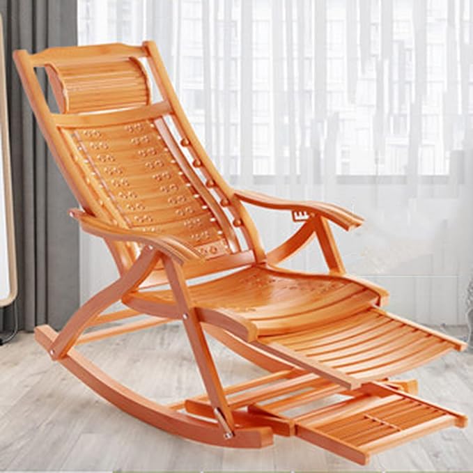Outdoor Camping Recliner Folding Extended Bamboo Wood Lounge Deck Chair Adjustable Backrest Sun Lounger with Age Footstool Retractable Footrest