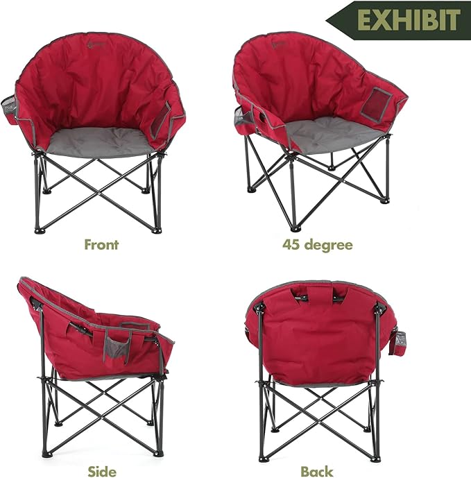 ARROWHEAD OUTDOOR Oversized Heavy-Duty Club Folding Camping Chair with Pocket Cup Holder Portable Padded Moon Round Saucer Supports 330lbs Carrying Bag