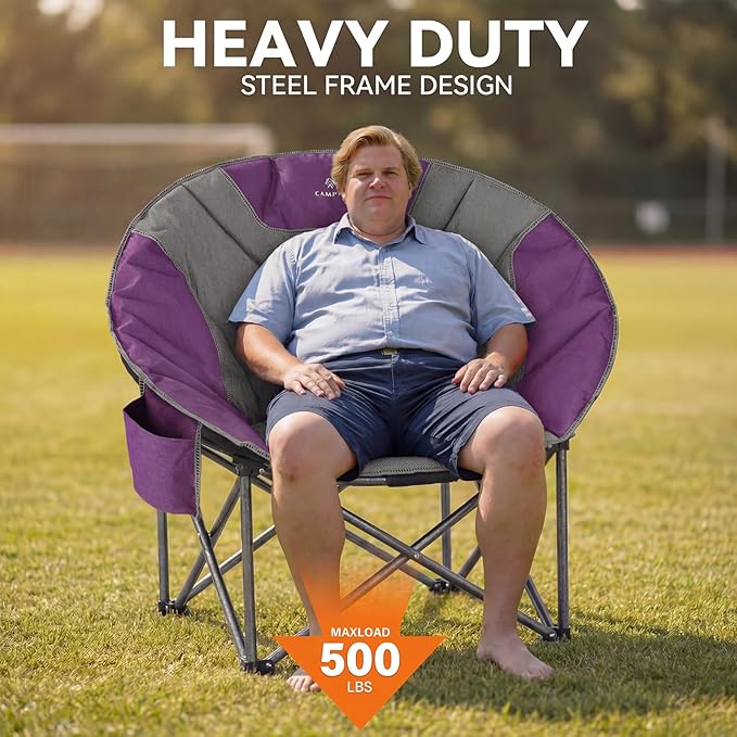 Oversized Camping Moon ChairsFolding Round Padded Sofa Chair for AdultsOutdoor Lawn Chairs w/Side PocketPerfect for IndoorFamily CampingPicnics and GardenPurple&ampGrey