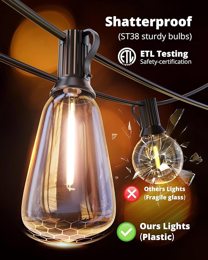 VIPAR LED Outdoor String Lights 100FT Patio Lights with 32 Edison Shatterproof Bulbs IPX5 Waterproof Outside Hanging Light Connectable for Backyard Porch Balcony Garden Deck Decor E12 Base Black