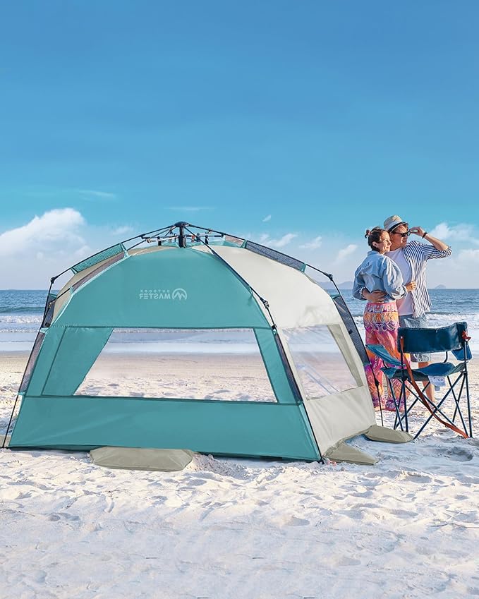 OutdoorMaster Beach Tent Sun Shelter for 3-4 Person Pop Up Beach Tent Easy Setup with Sandbags Portable Sun Shade Canopy with Carrying Bag for Beach &amp Outdoor UPF50+ UV Protection Family Size