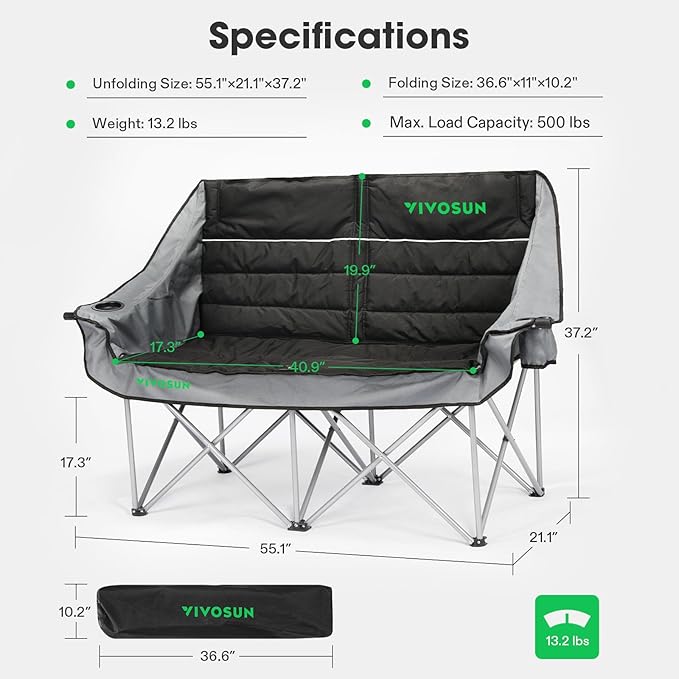 VIVOSUN Double Camping Chair Fully Padded Folding Loveseat Oversized Duo Chair with Cup &amp Wine Glass Holders Pocket Armrests &amp Carry Bag