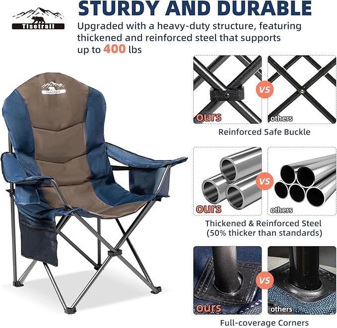 2 Pack Folding Camping Chairs Set of 2 for Adults High Back Padded Lawn Chairs Portable Outdoor Camp Chairs 400lbs CapacityBlue &amp Brown
