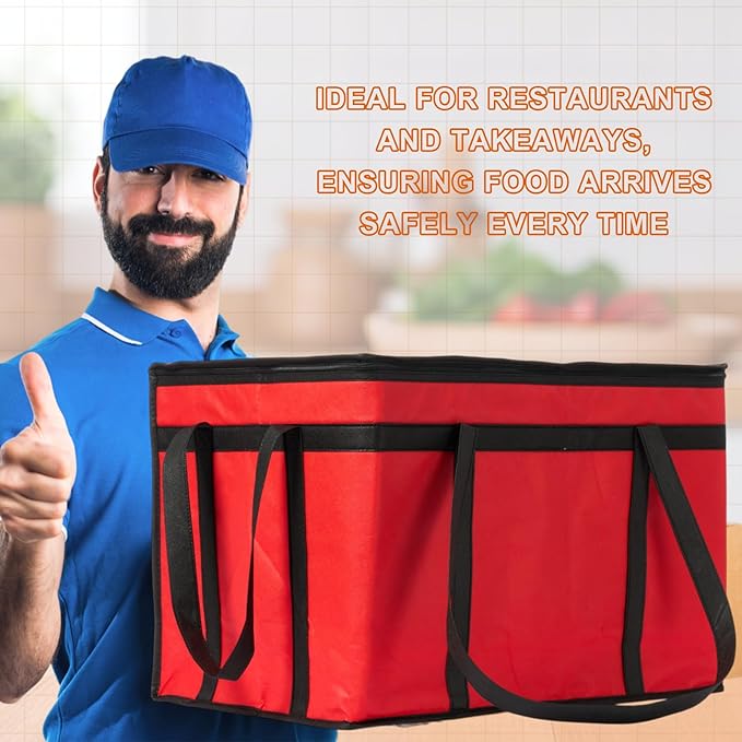 10 Pcs Insulated Food Delivery Bags XXXL Pizza Delivery Catering Bags Large Capacity Cooler Carrier with Handle for Hot and Cold Food Grocery Travel Lunch Shopping Red