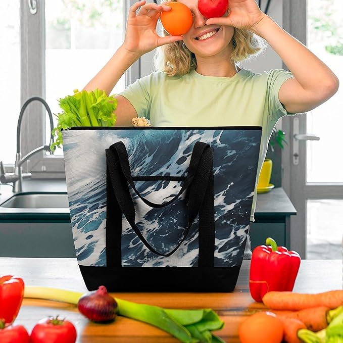 Insulated Shopping BagLarge Reusable Cooler Bags Beach Foam Wave Printed Foldable Shopping BagTravel Waterproof Shoulder Bag
