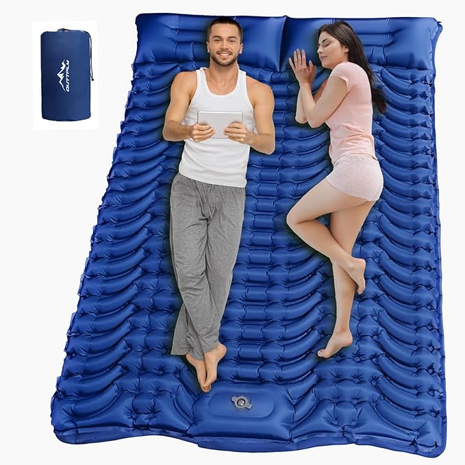 Double Sleeping Pad for Camping 4 Extra-Thick Self Inflating Camping Mattress for 2 Person with Pillow Built-in Foot Pump Portable Sleeping Mat for Backpacking Hiking Traveling Tent
