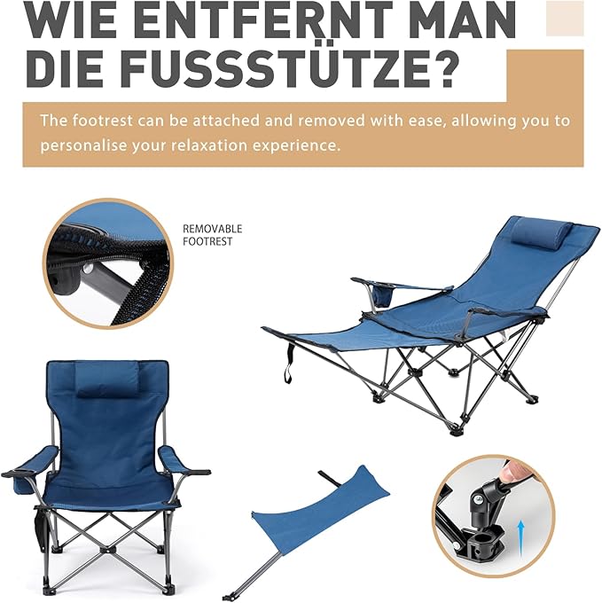 Reclining Folding Camping Chair with Removabel Footrest Adjustable Folde Camping Chair with Foot Rest Camp Lounge Outdoor Beach Chair Oxford Fabric Reclining Design with Pillow Cup Holder Blue
