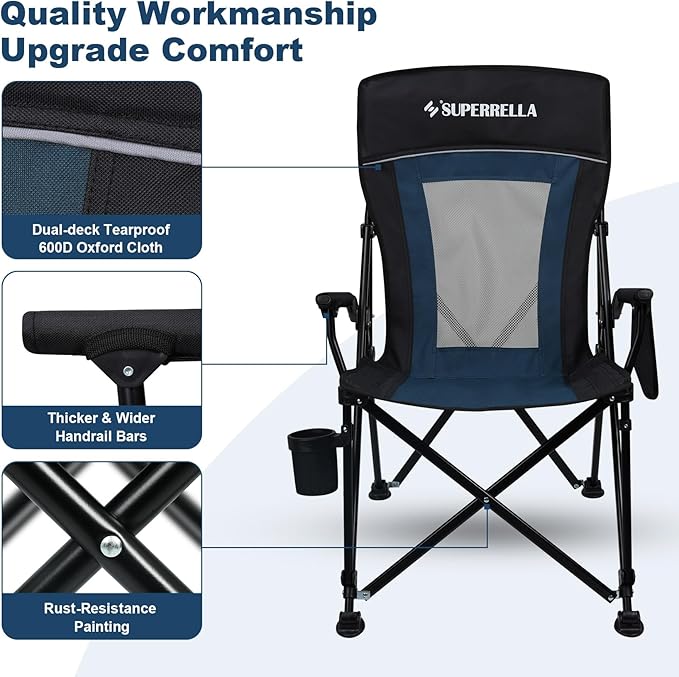 Camping Chair Portable Folding Lawn Chair Comfortable Hard Arm Sturdy for Family Camp Outdoor Sports Beach Travel Support 400 lbs Black&ampBlue