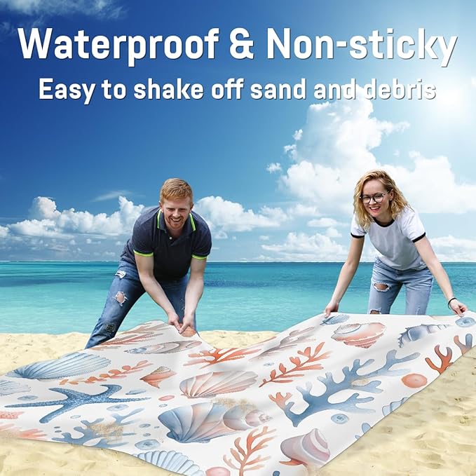 Waterproof Sandproof Beach Blanket 59''×68'' Blue &amp Orange Polyester Outdoor Picnic Blanket with 4 Stakes &amp Storage Bag for BeachCampingVacation Ocean Shell