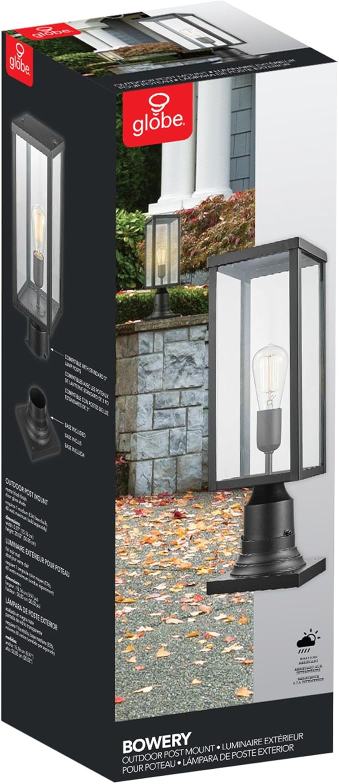 GLOBE Electric 44384 1-Light Outdoor Lamp Post Light Fixture with Base Adaptor Matte Black Clear Glass Inserts Weather Resistant Exterior Lighting Modern Security Lights E26 Base