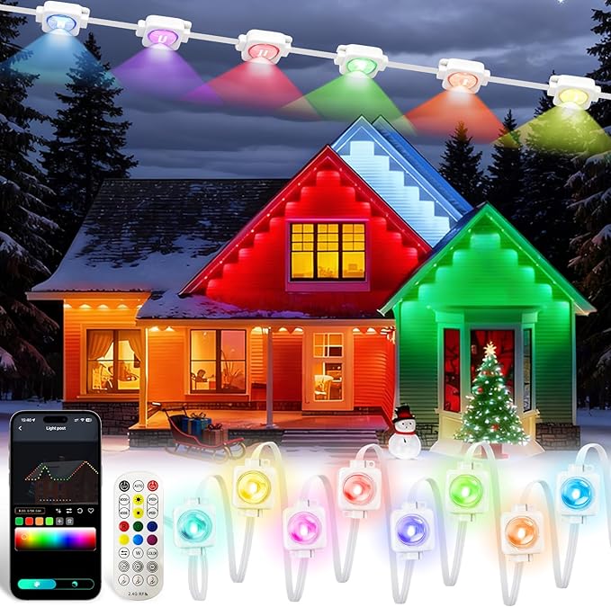 Permanent Outdoor Lights 50FT Smart RGB-IC Eave Lights DIY LED Christmas Light 4000K White &amp Multicolor APP/Remote Control Daily Waterproof (IP67) Holiday for House Outside Decor