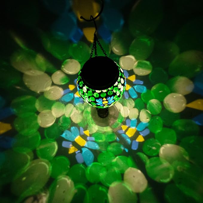 Bee Solar Hot Air Balloon Lantern Outdoor Waterproof Green Mosaic Glass Hanging Solar Lantern Lights Outdoor Hanging Lights for Patio Yard Garden Gift for Mom Grandma Women