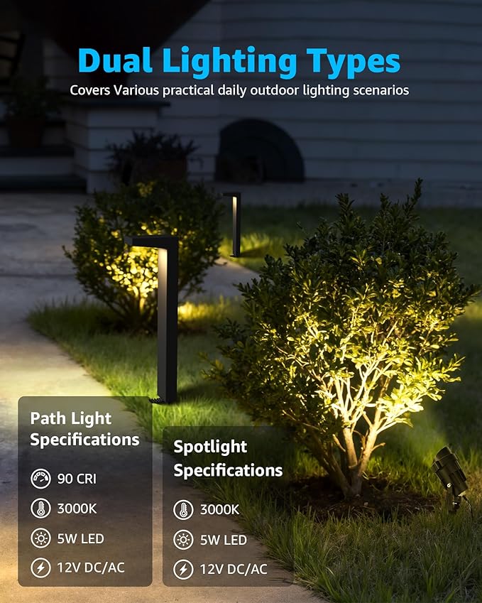 SUNVIE LED Low Voltage Landscape Lighting Kit Outdoor Waterproof Low Voltage Pathway Lights Wired with Spotlights 3000K Modern Outdoor Landscape Lights with Connectors for Path Yard Garden 12 Pack