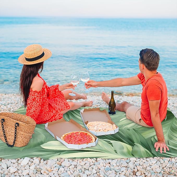 Waterproof Sandproof Beach Blanket 59''×68'' Coconut Leaves Polyester Outdoor Picnic Blanket with 4 Stakes &amp Storage Bag for BeachCampingVacation Winter Green
