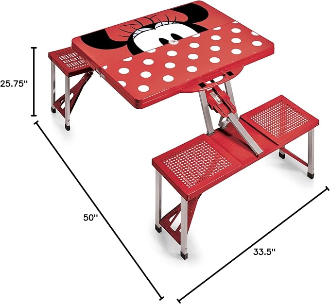 PICNIC TIME Disney Minnie Mouse Folding Picnic Table with Seats Collapsible Aluminum Table and Bench Set with Umbrella Hole Lightweight Portable Table for Camping TravelTailgating Backyard (Red)
