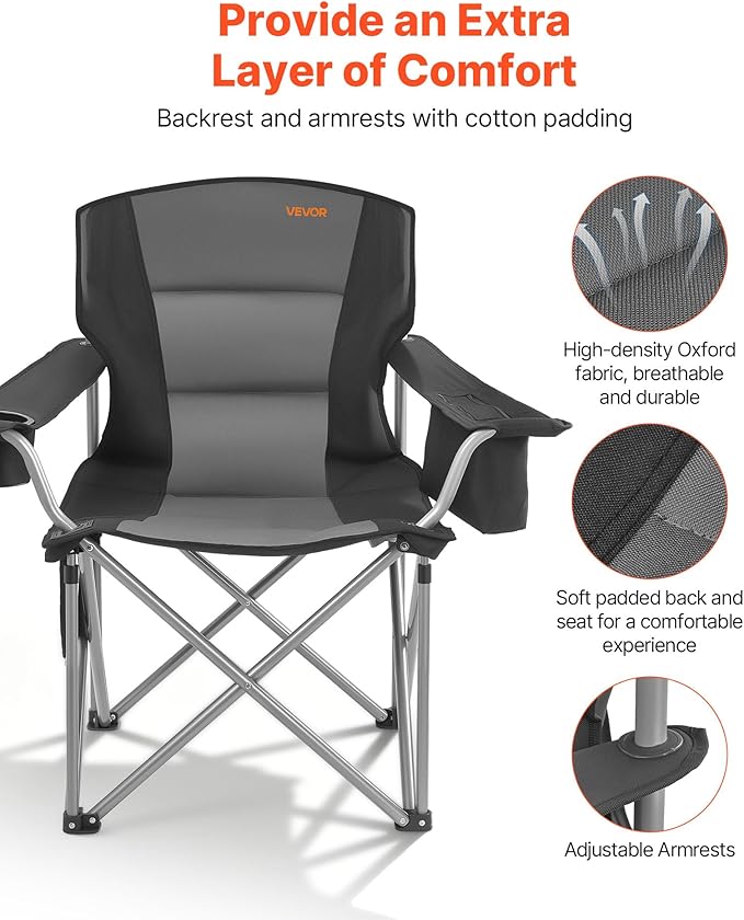 VEVOR Oversized Camping Folding Chair Portable Heavy Duty Outdoor Quad Lumbar Back Padded with Side Pockets Cup Holder and Cooler Bag for Beach Lawn Picnic Fishing Backpacking 2 Pack