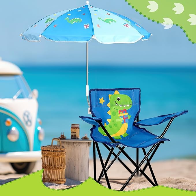 Outdoor Toddler Camping Chair with Umbrella Foldable Beach Chairs with Safety Lock for Kids Waterproof Lawn Kids Folding Chair for Outside Beach Travel(Dinosaur)