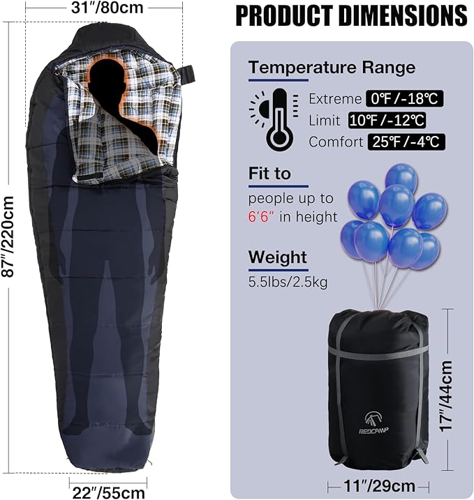 REDCAMP Cold Weather Mummy Sleeping Bag Warm Flannel Cotton Sleeping Bag for Adults Warm and Machine Washable Perfect for Winter Camping