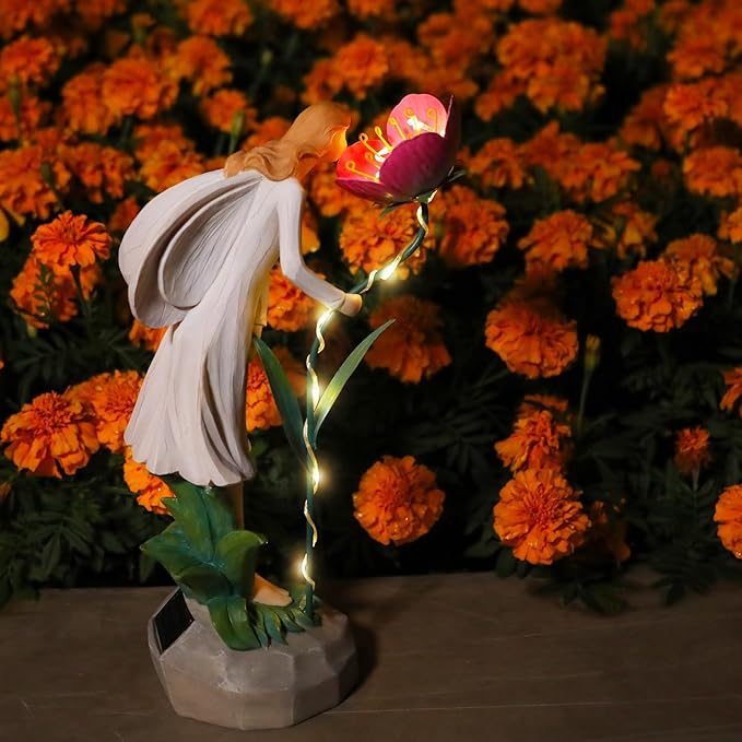 Fairy Garden Statue Outdoor Decor Solar Powered Garden Sculptures Fairy Resin Statues Waterproof Pink Flower Solar LED Lights Yard Art Decorations for Outside Patio Lawn Decor
