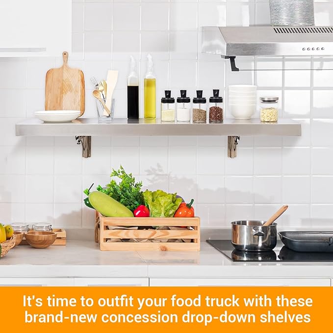 Folding Concession Shelf 36 x 12 Stainless Steel Drop Down Folding Serving Food Shelves Heavy Duty Foldable Wall Mount Shelving Rack for Concession Windows Kitchen Garage Restaurant