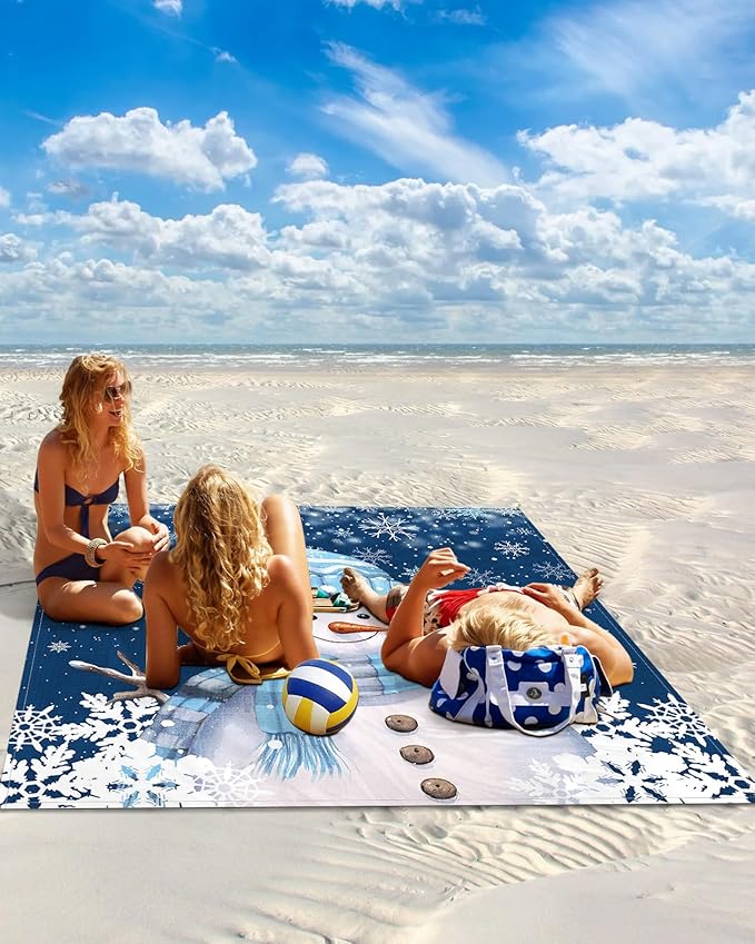 Beach Blanket Waterproof Sandproof Merry Christmas Snowman Winter Snow Quick Drying Beach Mat with 4 Stakes White Snowflakes Blue Back Lightweight Picnic Blanket for Travel Camping Outdoor 108x84