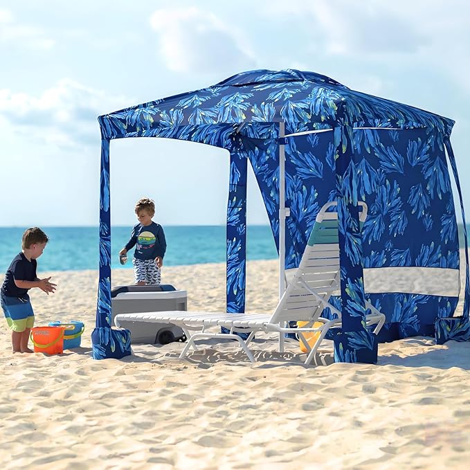AMMSUN Beach Cabana 6.2'×6.2' Beach Canopy Easy Set up and Take Down Cabana Tent with Sand Pockets Instant Sun Shade with Side Wall Coral Tropical