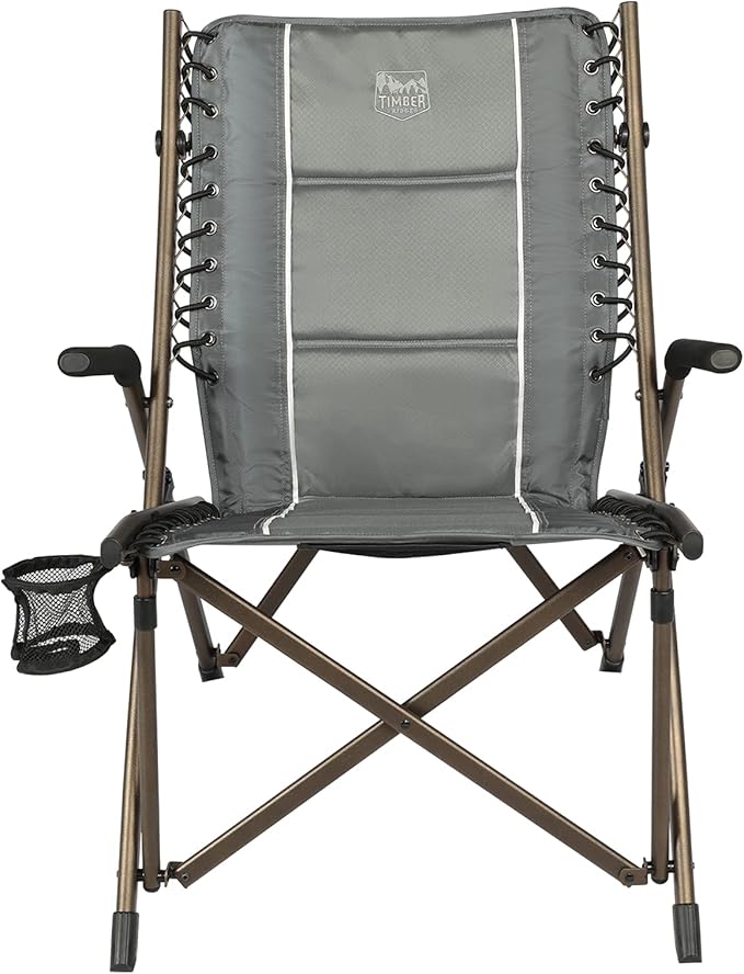 Timber Ridge Bungee Folding Camping Chairs for Adults Heavy Duty Collapsible Padded Chair with Armrests Cup Holder Foldable Outdoor Lounge Chairs for Beach Fishing Lawn Supports 300 lbs Grey