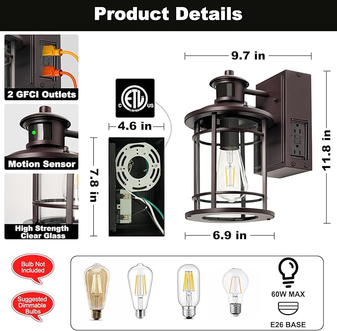 OKELI Retro Industrial Brown Outdoor Wall Lights with GFCI Outlet - Dusk to Dawn &amp Motion Sensor Porch Light 3 Modes Waterproof Anti-Rust Exterior Sconce for PorchGarage Patio House