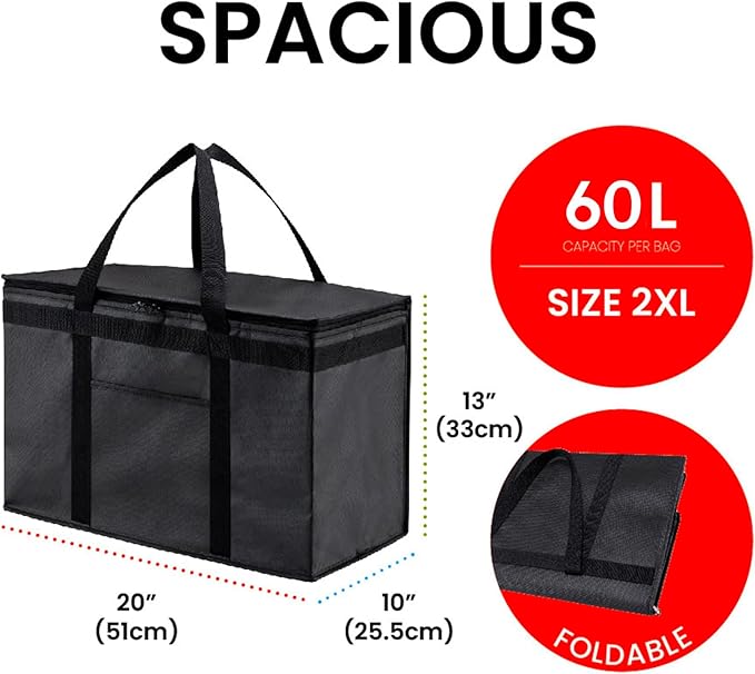 NZ home Insulated Bags for Food Delivery (2XL) Grocery Shopping Cooler Bag Pizza Delivery Hot &amp Cold Catering Tote Reusable Foldable &amp Heavy Duty (Green)