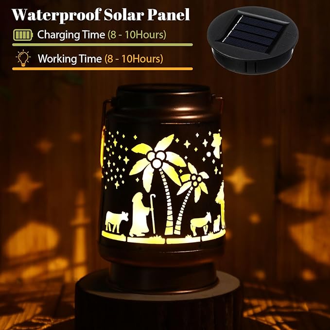 Christmas Solar Lanterns Outdoor Nativity Scene Waterproof Hanging Solar Lights Christmas Outdoor Decorations Gifts Men Women Metal Decorative LED Lantern for Yard Patio Lawn Pathway