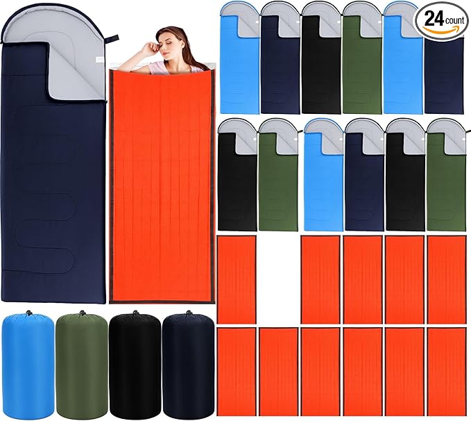 24 Pack Camping Sleeping Bags with Emergency Bivy Sacks Bulk 4 Season Warm Cold Weather Waterproof Lightweight Sleeping Bags with Storage Bag for Hiking Backpacking Travel