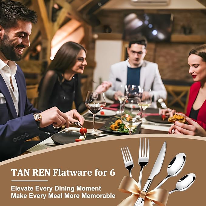 TAN REN Silverware Set for 6 30-Piece Stainless Steel Flatware Sets Heavy Duty Forks and Spoons Silverware Set with Dinner Knives Mirror Polished Cutlery Sets Dishwasher Safe Kitchen Utensils