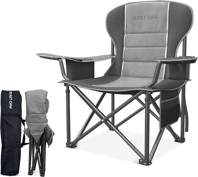 East Oak Oversized Camping Chair | 500LBS Support 600D Oxford Cup Holder &amp Side Pocket | Heavy Duty Camping Chairs | Ideal for Camping Beach Sports Events Backyard &amp Tailgating | Gray