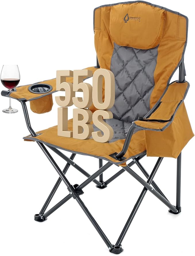 ARROWHEAD OUTDOOR Portable Deluxe Folding Camp Quad Chair w/Headrest Glass &amp Cup Holders Armest 6-can Cooler Heavy Duty Carry Bag 550 lbs Weight Capacity
