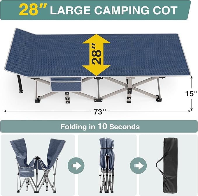 Seeutek Folding Camping Cot for Adults with Carry Bag Portable Bed with Detachable Cushion Waterproof 1200D Oxford Fabric Cot Bed for Camping Hunting Lounging Camping Cots Blue Cot &amp Gray P