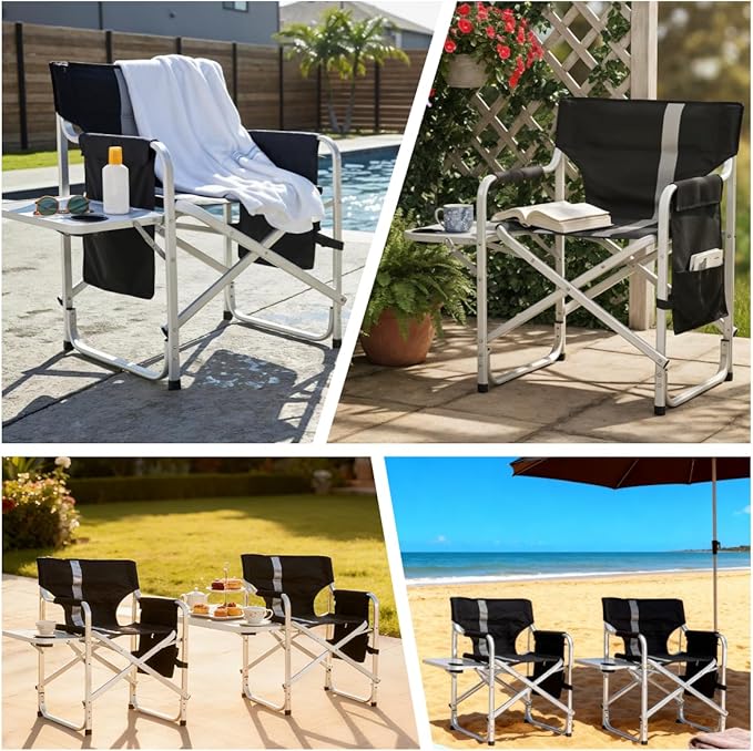 400LBS Heavy Duty Camping Director Chair - Lightweight Aluminum Frame with Foldable Side Table 600D Oxford Seat &amp 3 Storage Pockets Portable for CampingSportsIndoor/Outdoor Adults Use