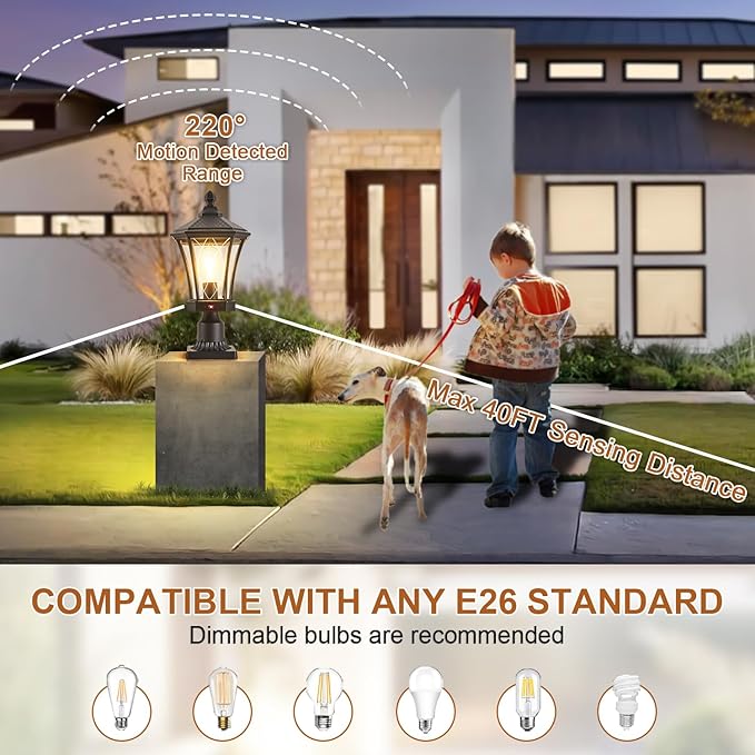 Motion Sensor Outdoor Post Lights with Pier Mount Base Dusk to Dawn Outdoor Pillar Lamps Waterproof Exterior Post Lamp with Patterned Glass Outdoor Pole Lights for Patio Porch Gate