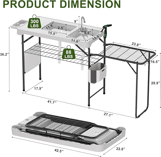 Dragosum Fish Cleaning Table Portable Folding Camping Table with Folding Grill Extension Board Fish Cleaning Station with Dual Sinks Hose Hook Up