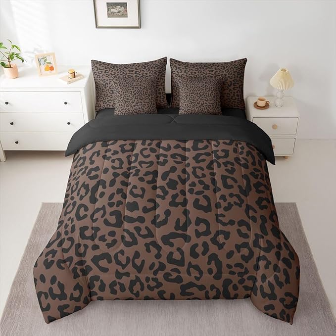 jejeloiu Brown Black Leopard Comforter Set with SheetsPillowcases &amp Cushion Cover Kids Animal Print 7 Piece Bedding Set Twin Size Safari Bed in a Bag for Women Men Room Decor Microfiber Cheetah