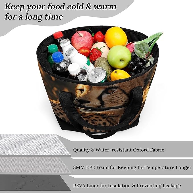 Insulated Shopping BagLarge Reusable Cooler Bags Cheetah Printed Foldable Shopping BagTravel Waterproof Shoulder Bag