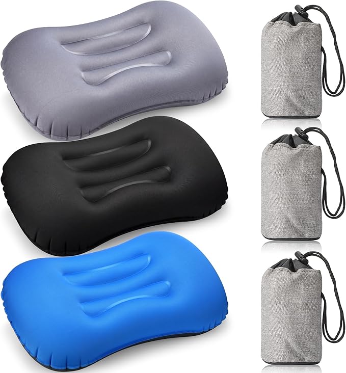 Yulejo 3 Pcs Inflatable Camping Travel Pillow Ultralight Inflating Pillows Lightweight Portable Backpacking Pillow for Neck Lumbar Support Camp Hiking Sleeping(Dark Gray Black Dark Blue)