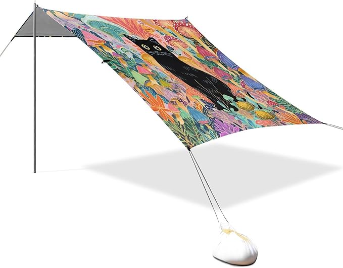ALAZA Mushroom Black Cat Beach Tent Sun Shelter UPF50+ Protection Beach Shade Canopy w/ 4 Sandbags for Outdoor Camping Fishing Backyard Fun Picnic 10x9 ft
