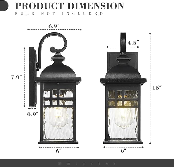 Emliviar Modern Porch Wall Sconces Set of Two 15 Wall Lights Outdoor with Water Ripple Glass Black Finish DE279B-2PK BK-WP