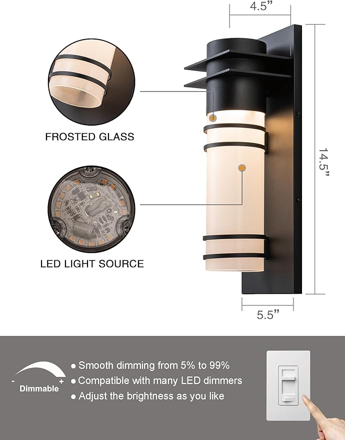 Outdoor Wall Lights Front Porch Dimmable LED Wall Sconce 10W Modern Exterior Lighting Fixture Wall Mount Black Patio Wall Lamps with Frosted Glass for House Set of 2