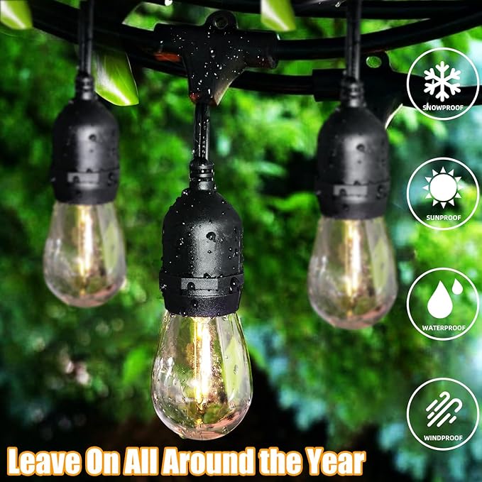 Lakumu Outdoor String Lights 96FT(48×2) Commercial Grade Heavy Duty Patio Lights with Dimmable S14 Shatterproof LED Bulbs Linkable Waterproof Bistro Lights for Outside Deck Backyard Cafe Market
