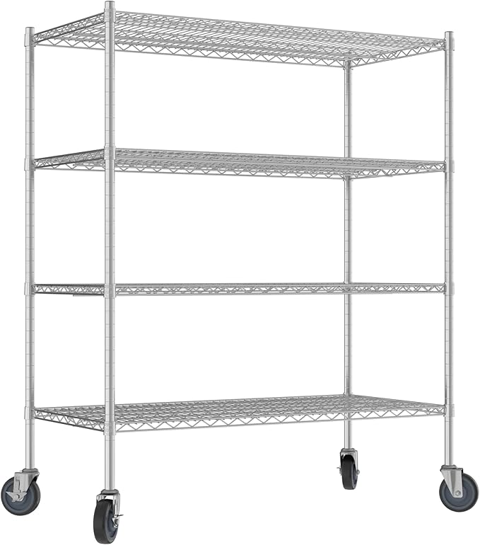 Commercial NSF Listed Chrome Mobile Wire Shelving Kit 24 x 48 x 60 with 4 Shelves Perfect for Warehouse Walk-in Refrigerator Freezer Grocery Store Restaurant Dishroom