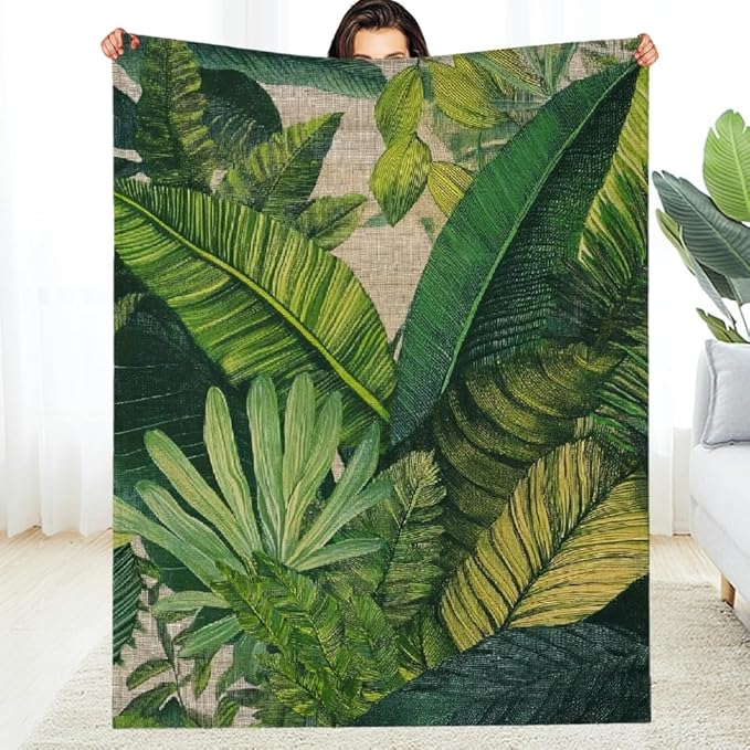 Green Leaves Flannel Blanket Soft Cozy Decorative Blanket for Sofa Travel Camping All Season Multi-Purpose Gift 50x60in