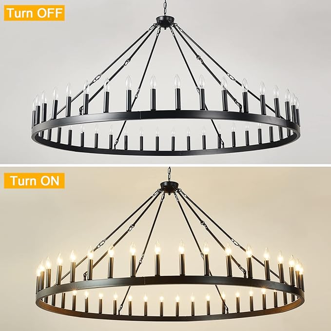 64 Inch Black Extra Large Wagon Wheel Chandelier 42-Lights Farmhouse Industrial Round High Ceiling Pendant Light Adjustable Chain for Dining Room Living Room
