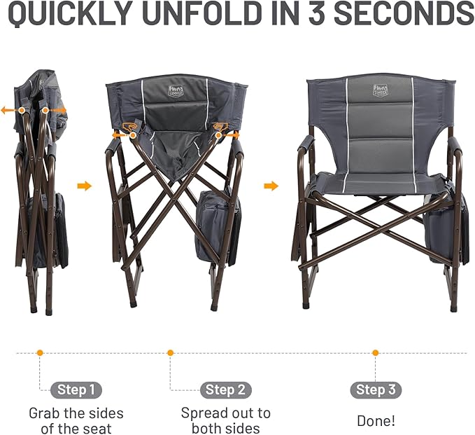 TIMBER RIDGE Lightweight Camping Chair Portable Laurel Director's Chair with Foldable Side Table Cooler Bag &amp Mesh Pocket Compact Outdoor Folding Lawn Chair Supports 300lbs Grey