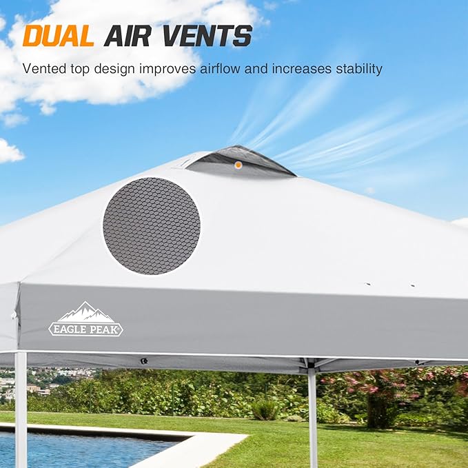 EAGLE PEAK Pop Up Canopy Tent with Wheeled Carry Bag 8 Stakes 4 Ropes 4 Weight Bags Easy Set Up Tent Canopy 10x10 ft 100sqft of Shade White